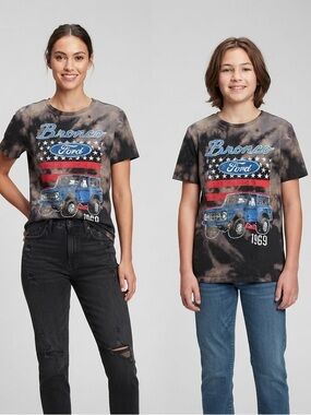 OLD NAVY Bleach Dyed Blue Bronco Graphic Tee L 14/16